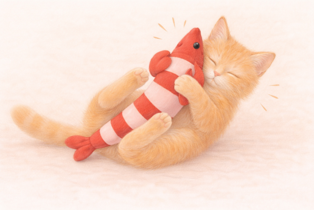 海老のけりぐるみで遊ぶ猫