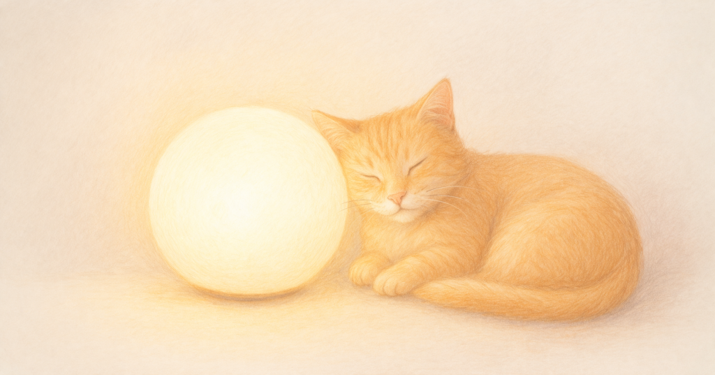 ランプに照らされる茶トラ猫