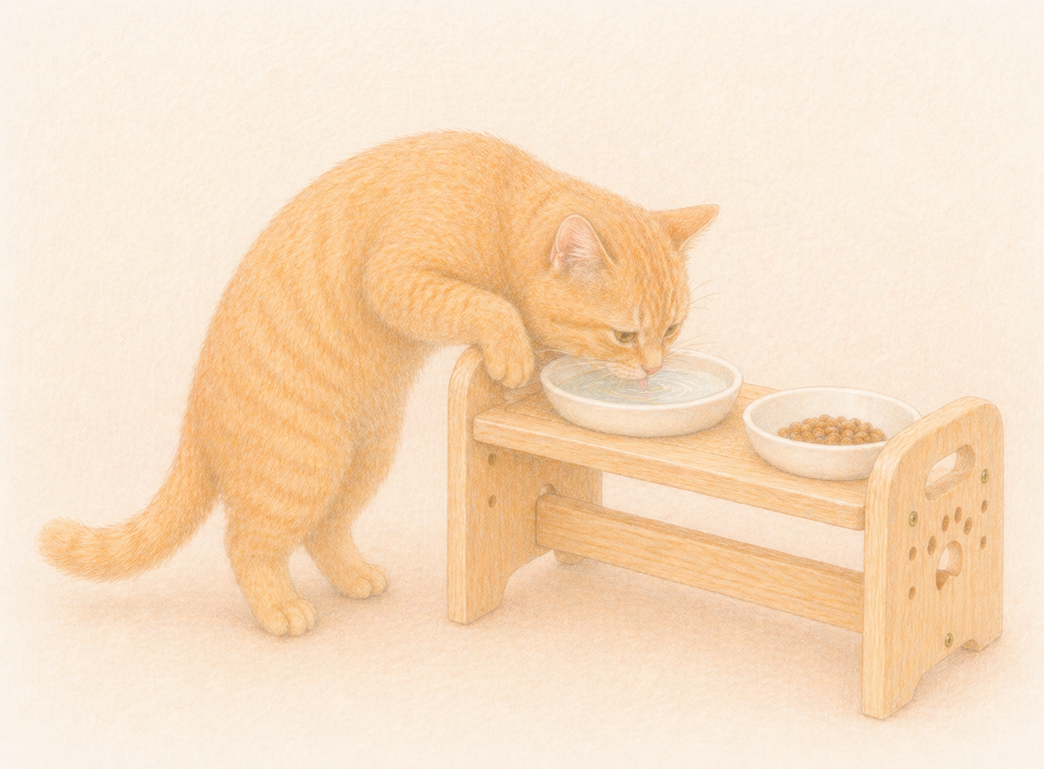 食器スタンドから水を飲む茶トラ猫