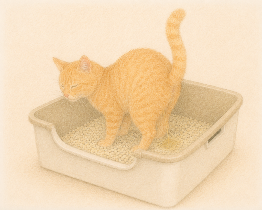 トイレでおしっこする茶トラ猫