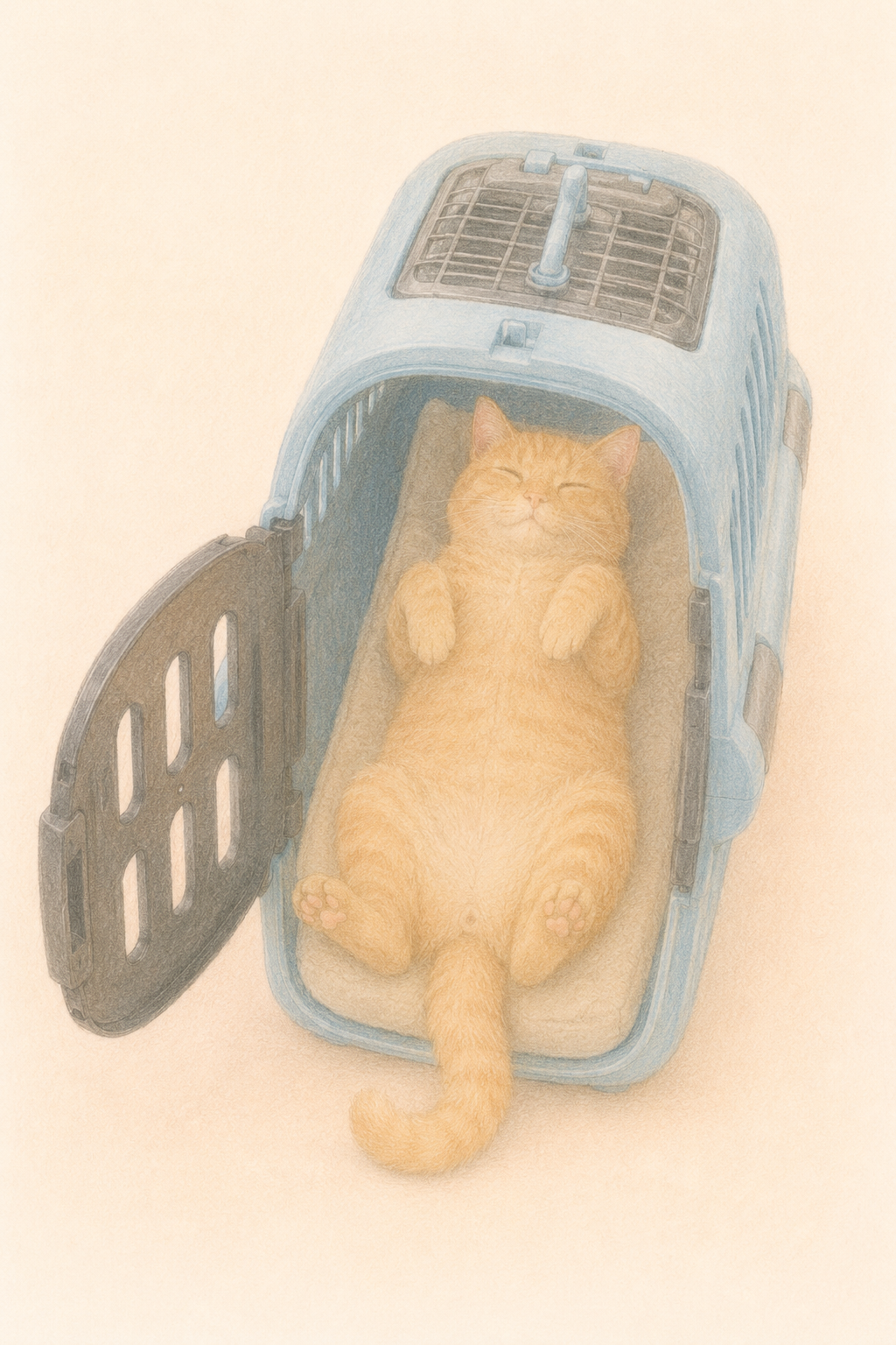 キャリーの中でヘソ天してくつろぐ猫