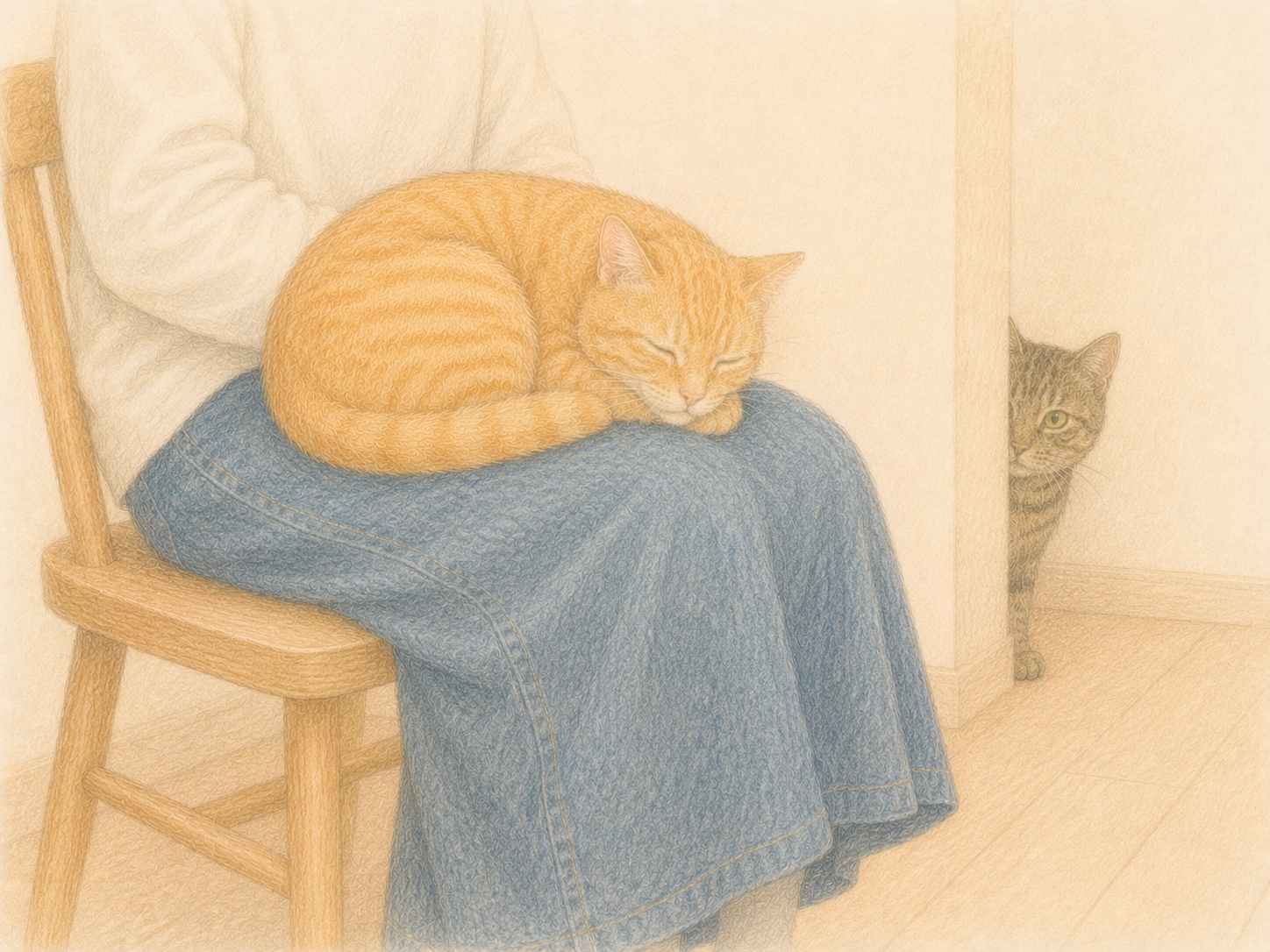 飼い主の膝で眠る先住猫と、陰から見つめる新入り猫
