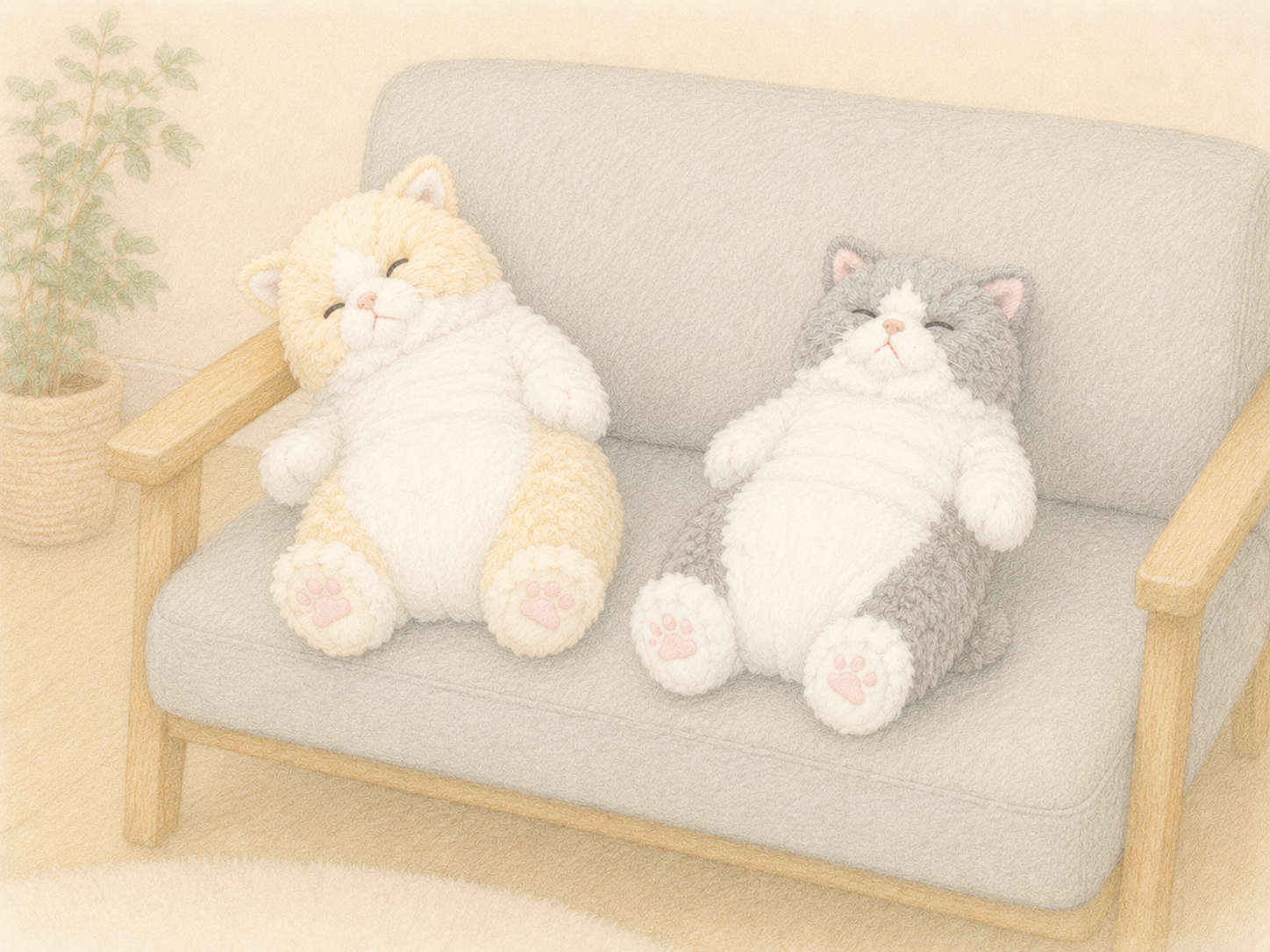 ソファーでくつろぐ「ひざねこ」のぬいぐるみ